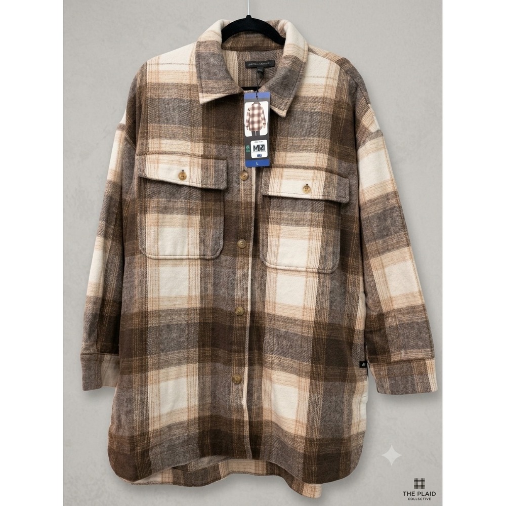 Banana Republic Womens Plaid Shirt Jacket Brown Cream Wool Blend Shacket L NEW